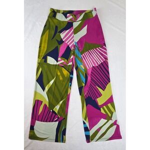 IMAN Global Chic Wide Leg Pants XSP Pink Green Abstract Tropical Print 853249